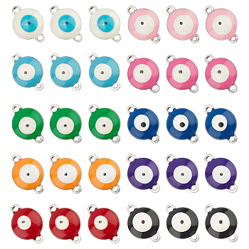 Nbeads Vacuum Plating 304 Stainless Steel Enamel Links Connectors, Flat Round with Evil Eye, Mixed Color, 14.5x10x4.5mm, Hole: 1.4mm, 10 colors, 10pcs/color, 100pcs/box