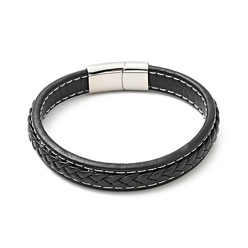 Cowhide Braided Flat Cord Bracelet with 304 Stainless Steel Magnetic Clasps, Gothic Jewelry for Men Women, Black, 9-5/8 inch(24.5cm)
