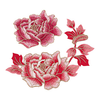 2Pcs 2 Style Peony Polyester Embroidery Sew on Clothing Patches, Flower Applique, Sewing Craft Decoration, Cerise, 90~215x113~182x1~1.5mm, 1pc/style