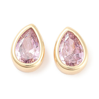 Brass Cubic Zirconia Beads, Teardrop, Real 18K Gold Plated, Pink, 11x8x4mm, Hole: 2.5x1.2mm