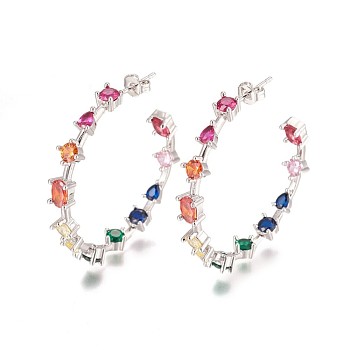 Brass Cubic Zirconia Stud Earrings, Half Hoop Earrings, Ring, Colorful, Platinum, 5.5x39.5mm, Pin: 0.8mm