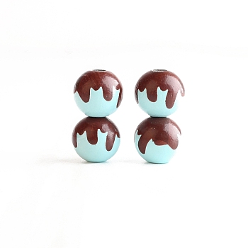 Printed Wood Beads, Round with Chocolate Pattern, Sky Blue, 16mm