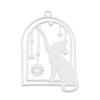 201 Stainless Steel Pendants, Laser Cut, Birdcage with Cat, Stainless Steel Color, 32x21.5x1mm, Hole: 1.6mm