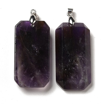 Natural Amethyst Pendants, Faceted Rectangle Charms, with Platinum Plated Brass Snap on Bails, Lead Free & Cadmium Free, 40~41x20~21x6~9mm, Hole: 4.3x3.8mm