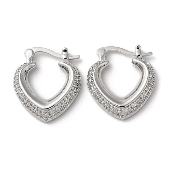 Heart Brass Cubic Zirconia Hoop Earrings, Long-Lasting Plated, Lead Free & Cadmium Free, Platinum, 22.5x19.5x4mm