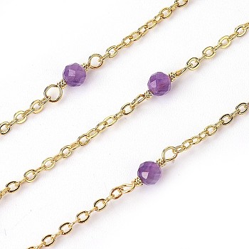 3.28 Feet Handmade Natural Amethyst Beaded Chains, Soldered, with Brass Findings, Real 18K Gold Plated, Long-Lasting Plated, 3mm