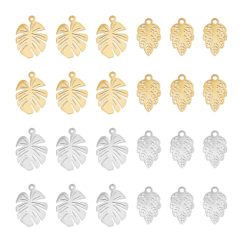 24Pcs 4 Style 304 Stainless Steel Pendants, Tropical Leaf Charms, Golden & Stainless Steel Color, 12~15.5x7.5~11x1mm, Hole: 1~1.4mm, 6pcs/style