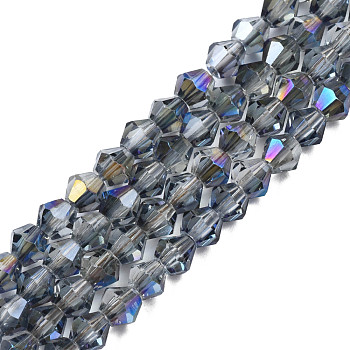 Electroplate Transparent Glass Beads Strands, Faceted, Bicone, Dark Gray, 4x4.5mm, Hole: 0.9mm, about 84~109Pcs/strand, 12.6~21.26 inch(32~54cm)