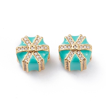 Real 18K Gold Plated Brass European Beads, Large Hole Beads, with Enamel and Micro Pave Cubic Zirconia, Long-Lasting Plated, Gifts Shape, for Christmas, Medium Turquoise, 11x9.4mm, Hole: 4.2mm