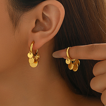 Stainless Steel Flat Round Chandelier Earrings, Real 18K Gold Plated, 6~10mm