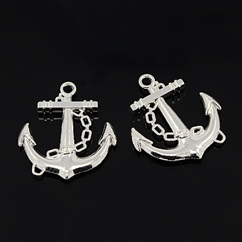 Alloy Pendants, Anchor, Silver Color Plated, Lead Free & Cadmium Free & Nickel Free, about 32mm long, 27mm wide, 4mm thick, hole: 2.5mm