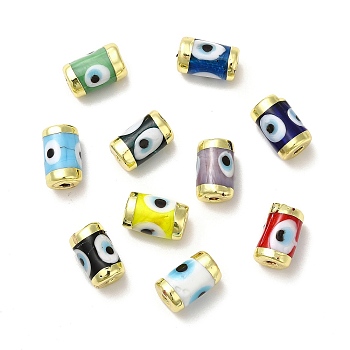 Handmade Evil Eye Lampwork Beads, with Light Gold Tone Brass Findings, Long-Lasting Plated, Lead Free and Cadimum Free, Column, Mixed Color, 14.5~15x9~9.5mm, Hole: 1.8mm