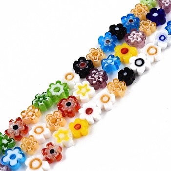 Handmade Millefiori Glass Bead Strands, Plum Bossom, Mixed Color, 6~7x6~8x2.5~3mm, Hole: 1mm, about 63~65pcs/strand, 15.55 inch~15.94 inch(39.5~40.5cm)