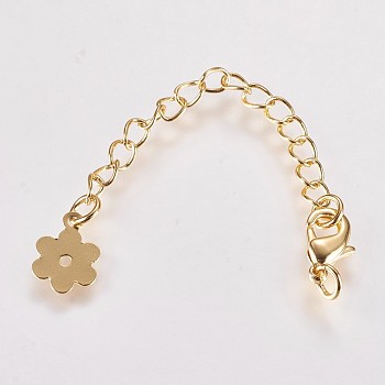 Long-Lasting Plated Brass Chain Extender, with Lobster Claw Clasps and Flower Tips, Real 18K Gold Plated, 71x3mm, Hole: 2.5mm
