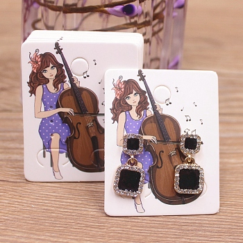 Rectangle Paper Earring Display Card with Hanging Hole, Jewelry Display Cards for Earring Display, White, Musical Instruments Pattern, 5x4x0.05cm, Hole: 5mm, 1mm and 12x7mm