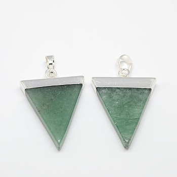 Natural Green Aventurine Pendants, with Silver Tone Brass Findings, Triangle, 30~35x23~28x5mm, Hole: 8x5mm