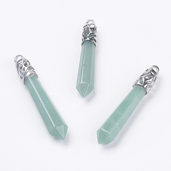 Natural Green Aventurine Pointed Pendants, with Alloy Findings, Bullet, Platinum, Cadmium Free & Lead Free, 55~67x11mm, Hole: 5x4mm