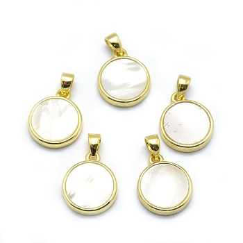 Shell Pendants, with Golden Tone Brass Findings, Flat Round, Beige, 14x11.5x2.5mm, Hole: 3x3.5mm