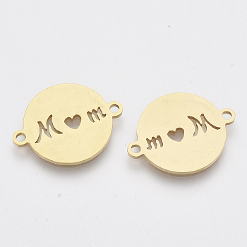 201 Stainless Steel Links connectors, Laser Cut Links, for Mother's Day, Flat Round with Word Mom, Golden, 20x15.5x1mm, Hole: 1.6mm