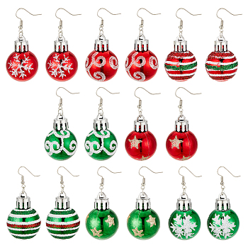ANATTASOUL 8 Pairs 8 Style Christmas Themed Resin Round Ball Dangle Earrings, Platinum Plated Iron Long Drop Earrings for Women, Mixed Color, 62mm, Pin: 0.6mm, 1 Pair/style