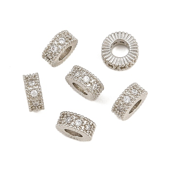 Brass Micro Pave Clear Cubic Zirconia European Beads, Large Hole Beads, Ring, Rack Plating, Long-Lasting Plated, Lead Free & Cadmium Free, Platinum, 8x3.5mm, Hole: 4mm