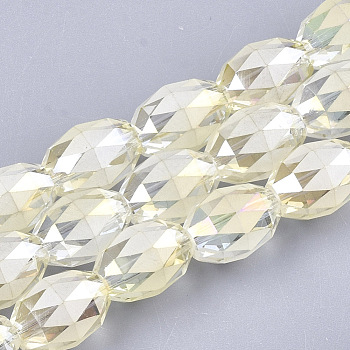 Electroplated Glass Beads Strands, Frosted, Faceted, Oval, Light Yellow, 12~13x9.5mm, Hole: 1.5mm, about 50pcs/strand, 25.5 inch