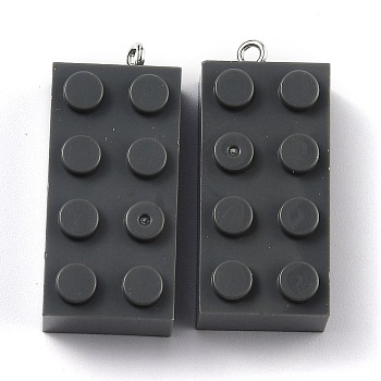 Opaque Acrylic Pendants, with Platinum Iron Loop, Long Rectangle Building Block Charms, Gray, 36x16x11.5mm, Hole: 1.5mm