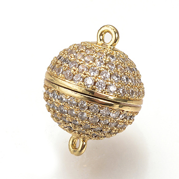 Brass Micro Pave Cubic Zirconia Magnetic Clasps with Loops, Round, Golden, 16x12mm, Hole: 1mm