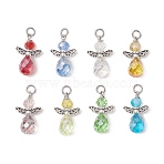 Electroplate Glass Pendants, Teardrop Shape Angel Charms, with Alloy Wings & Eco-Friendly Copper Wire Pins Loop, Faceted, Mixed Color, Antique Silver, 22x14x7.5mm, Hole: 3.5mm(PALLOY-JF03508-02)