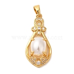 Rack Plating Brass Micro Pave Cubic Zirconia Pendants, Cadmium Free & Lead Free, Long-Lasting Plated, with ABS Imitation Pearl, Teardrop, Golden, 34x16x8mm, Hole: 4x5mm(KK-L220-019G-01)