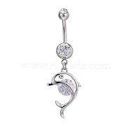 Piercing Jewelry Real Platinum Plated Brass Rhinestone Dolphin Navel Ring Belly Rings, Crystal, 51x16mm(AJEW-EE0001-63)