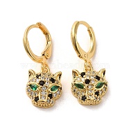 Leopard Head Brass Dangle Leverback Earrings, with Cubic Zirconia, Real 18K Gold Plated, 25.5x10.5mm(EJEW-Q797-05B-G)
