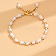 Imitation Pearl & Stainless Steel Beaded Slider Bracelet, Golden, Inner Diameter: 2-1/8~2-3/4 inch(5.5~7cm)(NU9902)