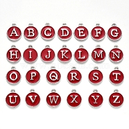 Initial Letter A~Z Alphabet Enamel Charms, Flat Round Disc Double Sided Charms, Platinum Plated Enamelled Sequins Alloy Charms, Dark Red, 14x12x2mm, Hole: 1.5mm, 26pcs/set(ENAM-YW0002-01-08P)
