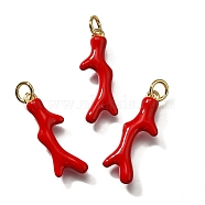 Brass Enamel Pendants, with Jump Ring, Coral Charms, Cadmium Free & Lead Free, Lasting Plated, Real 18K Gold Plated, Red, 22x8.5x2.5mm, Hole: 3mm(KK-Q043-28B-02)