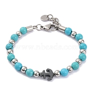 Synthetic Turquoise & Synthetic Magnetic Hematite Anchor Beaded Bracelet, 8-1/2 inch(21.5cm)(BJEW-P339-01P-05)