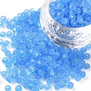 (Repacking Service Available) Glass Seed Beads, Frosted Colors, Round, Sky Blue, 6/0, 4mm, Hole: 1~1.5mm, about 12g/bag(SEED-C017-4mm-M3)