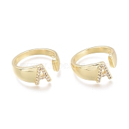 Brass Micro Pave Clear Cubic Zirconia Cuff Rings, Open Rings, Real 18K Gold Plated, Letter, Letter.A, Size 5, Inner Diameter: 16mm, A: 8x6.5mm(X-RJEW-F103-13A-G)