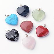 Synthetic & Natural Natural & Synthetic Mixed Stone Pendants, Heart, Platinum, 21~23x19~20x4.5~6.5mm, Hole: 2mm(G-S214-18)