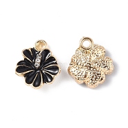 Alloy Enamel Charms, with Rhinestone, Light Gold, Flower Charm, Black, 14x12x4mm, Hole: 1.6mm(FIND-E031-03D)