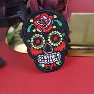 Sugar Skull Computerized Embroidery Style Cloth Iron on/Sew on Patches, Appliques, Badges, for Clothes, Dress, Hat, Jeans, DIY Decorations, for Mexico Day of the Dead, Black, 73x54mm(SKUL-PW0002-110-03)