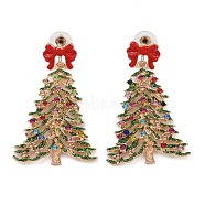 Bowknot Christmas Tree Alloy Colorful Rhinestone & Enamel Dangle Stud Earrings for Women, Light Gold, 59x36mm(EJEW-L203-11KCG)