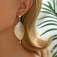 Brass Leaf Hoop Earrings, with Colorful Enamel, Retro and Versatile for women, Golden, 82x30mm(TI6631)