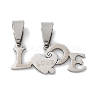 201 Stainless Steel Pendants, Laser Cut, Word Love Charm, Anti-Tarnish, Stainless Steel Color, 12x28x1mm, Hole: 7x3mm(STAS-Q342-41P)