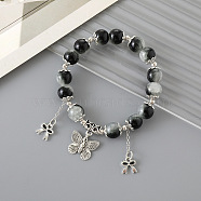 Chinese Style Round Glass Beaded Stretch Bracelets, Bowknot & Butterfly Charm Bracelets for Women, Antique Silver, Black(HP8595-4)