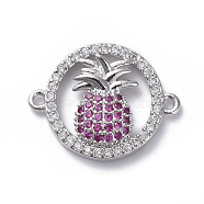 Brass Micro Pave Cubic Zirconia Links connectors, Ring and Pineapple, Hot Pink, Platinum, 15x19x3mm, Hole: 1.2mm(ZIRC-G159-04P-02)