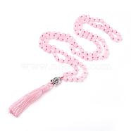 Tassel Pendant Necklaces, with Natural Rose Quartz Beads, Buddha Head, 31.1 inch~33 inch(79~84cm)(NJEW-P191-A08)