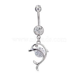 Piercing Jewelry Real Platinum Plated Brass Rhinestone Dolphin Navel Ring Belly Rings, Crystal, 51x16mm, Bar Length: 3/8"(10mm), Bar: 14 Gauge(1.6mm)(AJEW-EE0001-63)