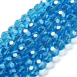 Electroplate Transparent Glass Beads Strands, Faceted, Round, Pearl Luster Plated, Deep Sky Blue, 10mm, Hole: 1.2mm, about 65~69pcs/strand, 23.03~24.49 inch(58.5~62.2cm)(EGLA-A035-T10mm-A08)