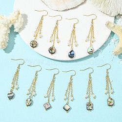 Shell Pearl & Abalone Shell/Paua Shell Dangle Earrings for Women, with 304 Stainless Steel Earring Hooks, Golden, Mixed Shapes, 65x8~10mm(EJEW-JE07328)